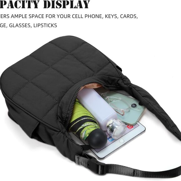 Puffer Crescent Shoulder Bag Women Nylon Quilted Small Crossbody Travel Purse - Picture 3 of 7